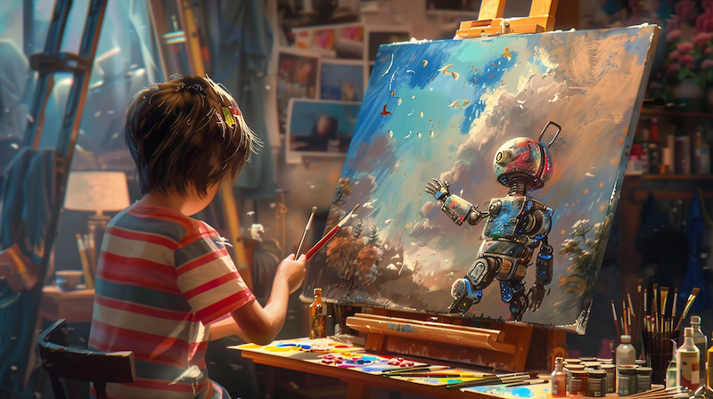 image of a boy making art of a robot